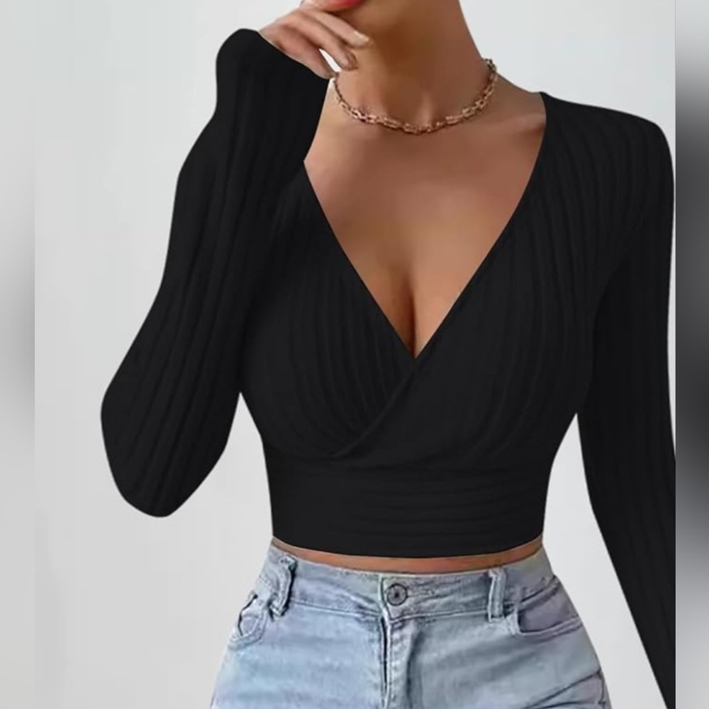 SHEIN long-sleeve,black ribbed knit, deep V-neck wrap crop top. Small